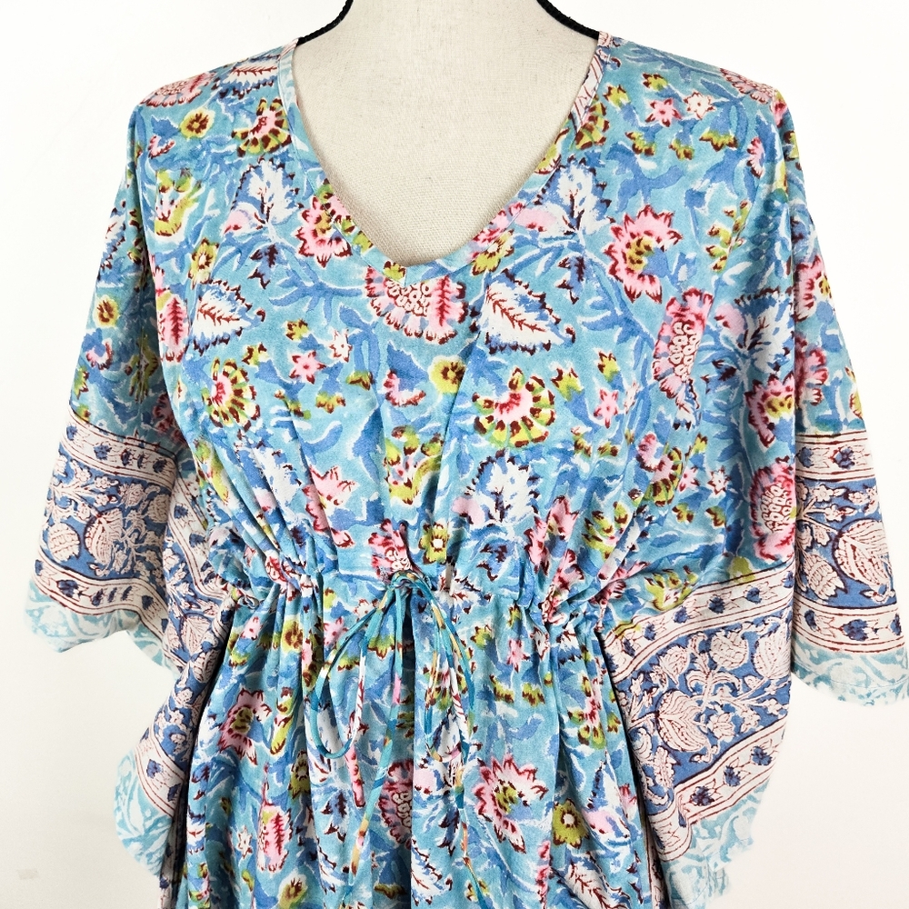 NWT Sevya Handmade Block-Printed Cotton Caftan, Blue and Pink - Picture 3 of 5